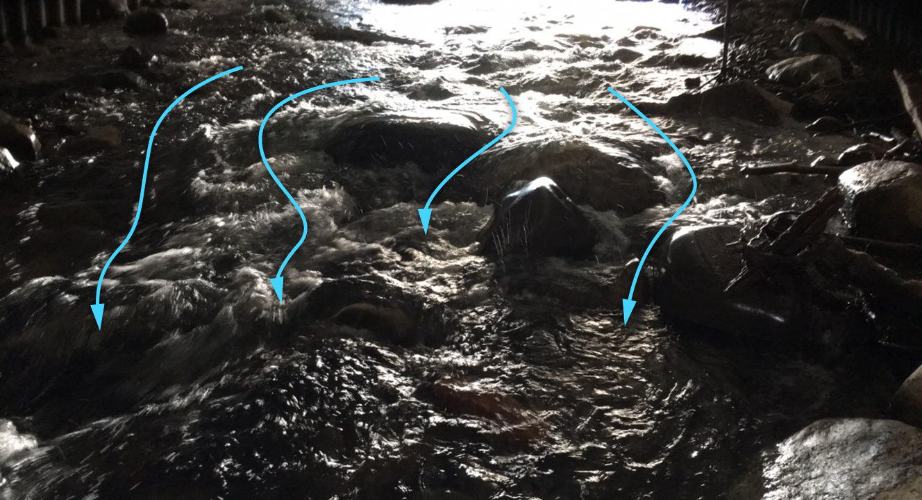 Water flowing over a rock structure inside an AOP culvert and into a deep water pool. The water flowing over the rock structure has a variety of flow paths with different flow depths. Some flow paths are highlighted.