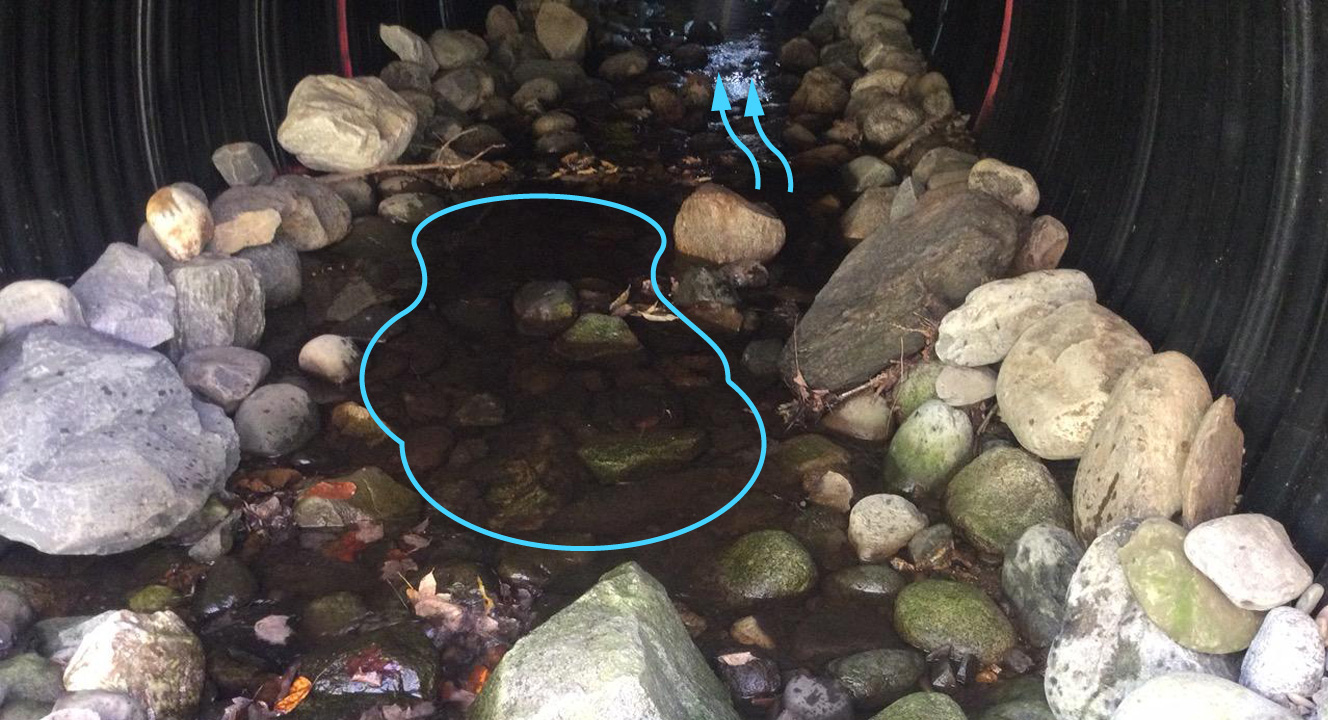 Several large boulders and a pool area inside an AOP culvert. The pool area is highlighted as an example of a refuge resting area for fish passing through the culvert. Fast moving shallow flow areas are also highlighted to show the contrasting faster flow areas.